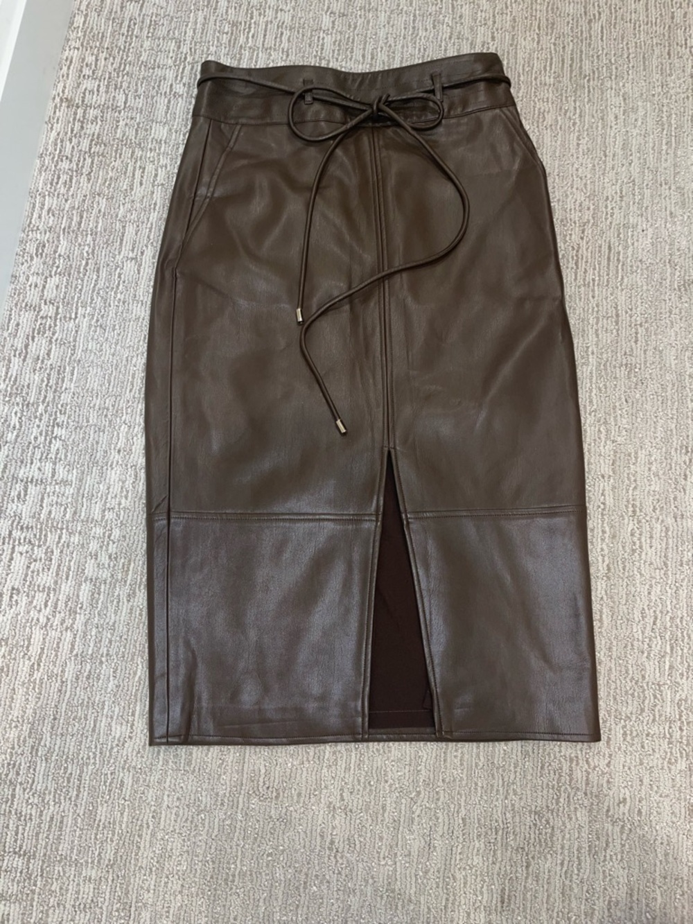 Women's Brown Faux Leather Pencil Skirt with Front Slit